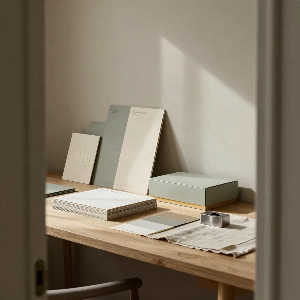 Atelier de création raffiné avec cartes d’identité, brochures et emballage sur table en bois.