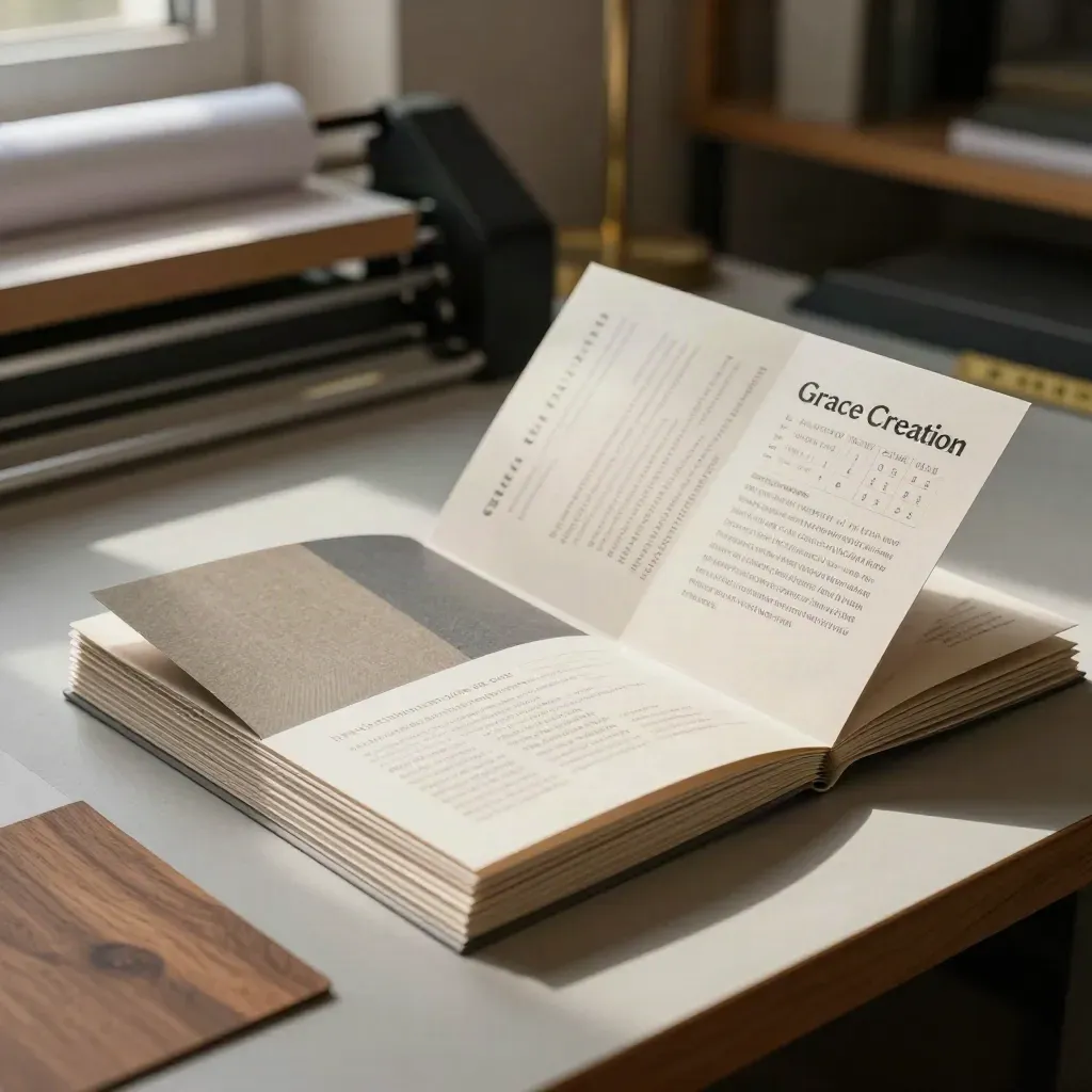 Maquette de brochure pliée, pile de flyers et carte en lin dans un atelier chaleureux.