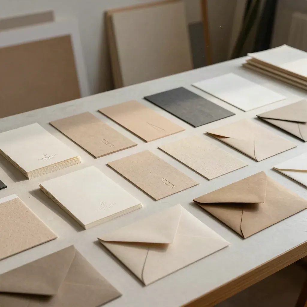 Système d’identité visuelle en papiers, nuancier et cartes texture sur fond plâtre sable.