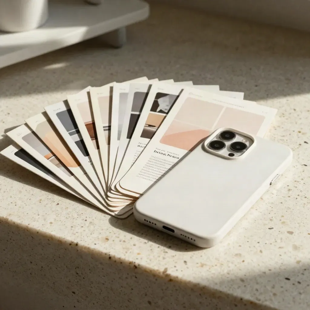 Douze tuiles de templates réseaux en éventail près d’un étui de téléphone mat, sur travertin rosé.