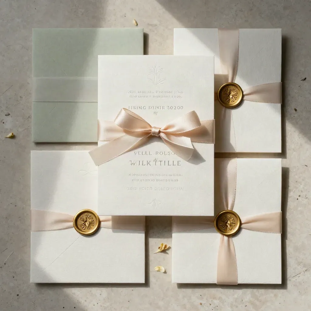 Vue zénithale d’une papeterie de mariage en coton, calque, sceau de cire et ruban champagne.