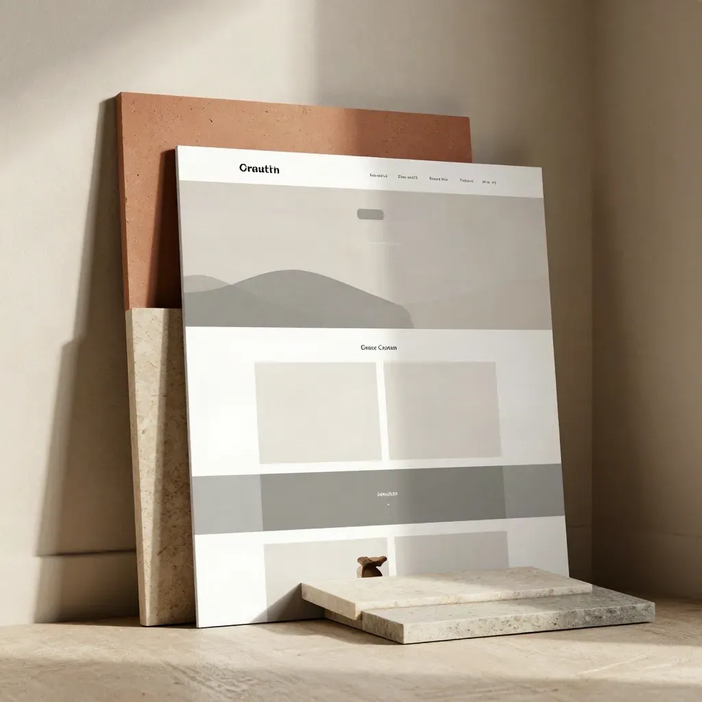 Maquettes de pages web sur blocs de pierre, lumière douce et palette gris ardoise.