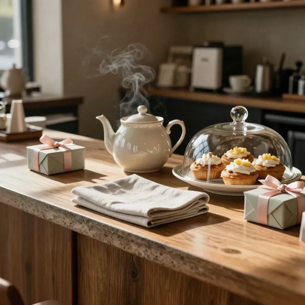 Comptoir de salon de thé fini avec théière, cloche à pâtisseries, linge et boîtes poudrées.