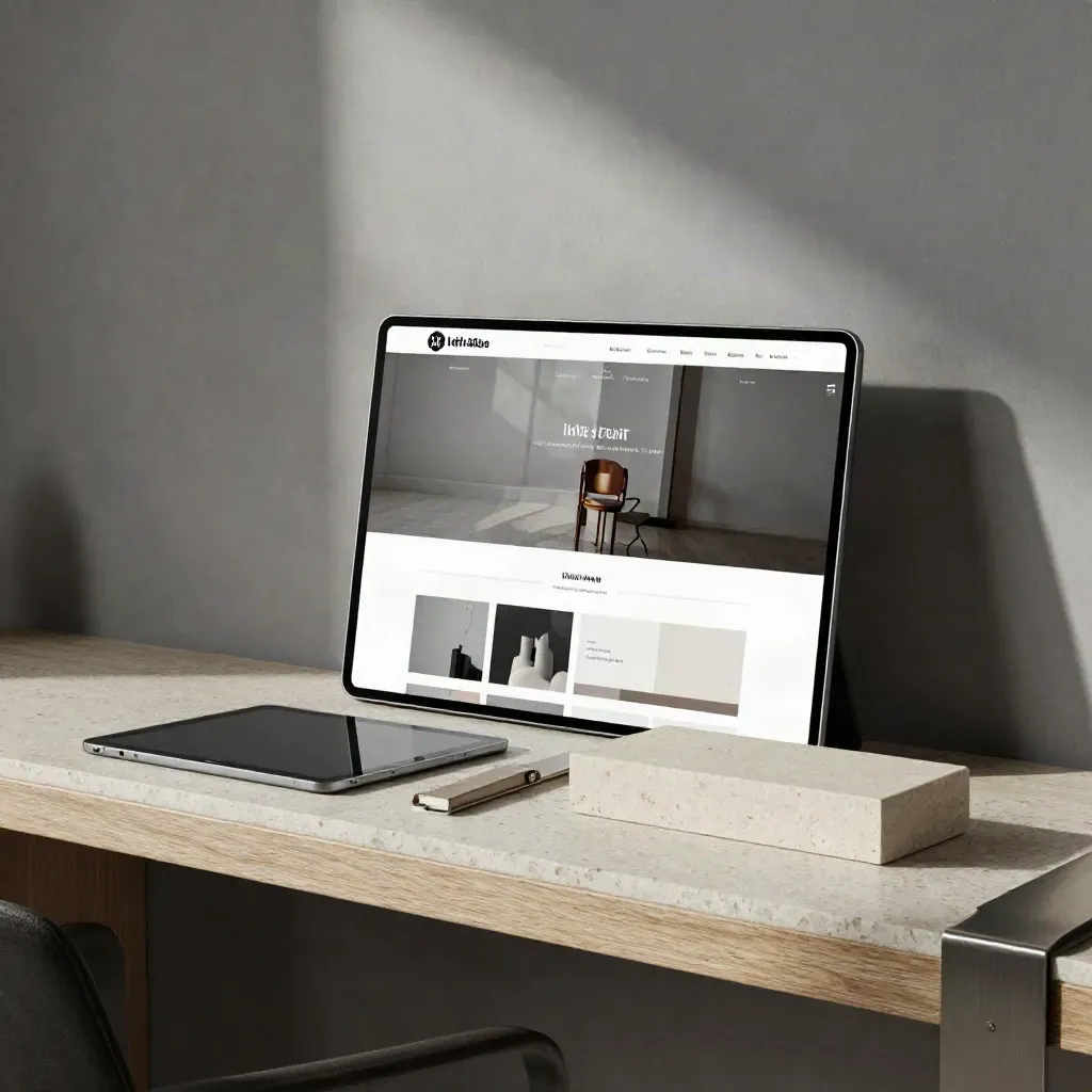 Coin de présentation web avec tablette noire, carnet fermé et maquette sur bloc de pierre.