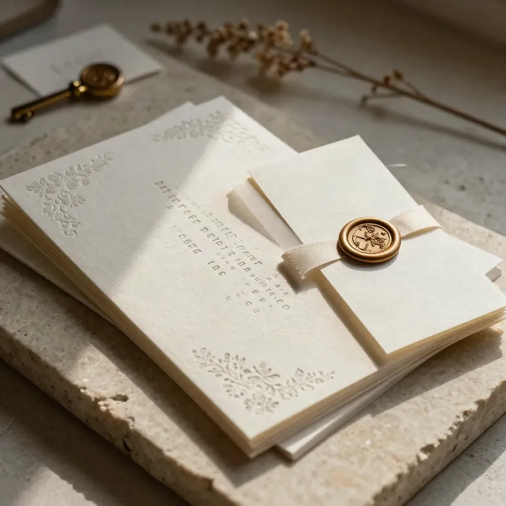 Gros plan d’une papeterie de mariage lyonnaise finie, rubans ivoire, dorures et papier texturé.
