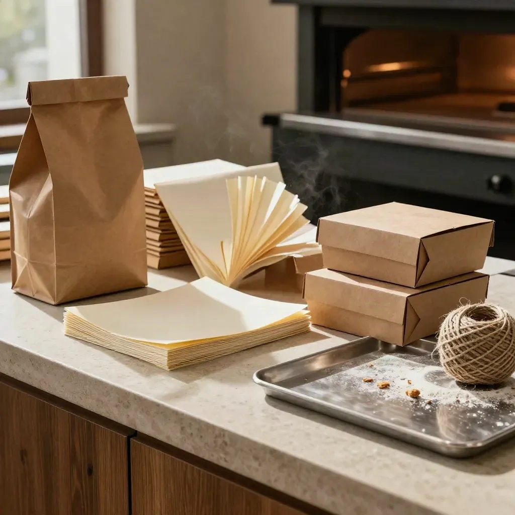 Emballages kraft de boulangerie près du four, dans une lumière chaude et poussiéreuse.