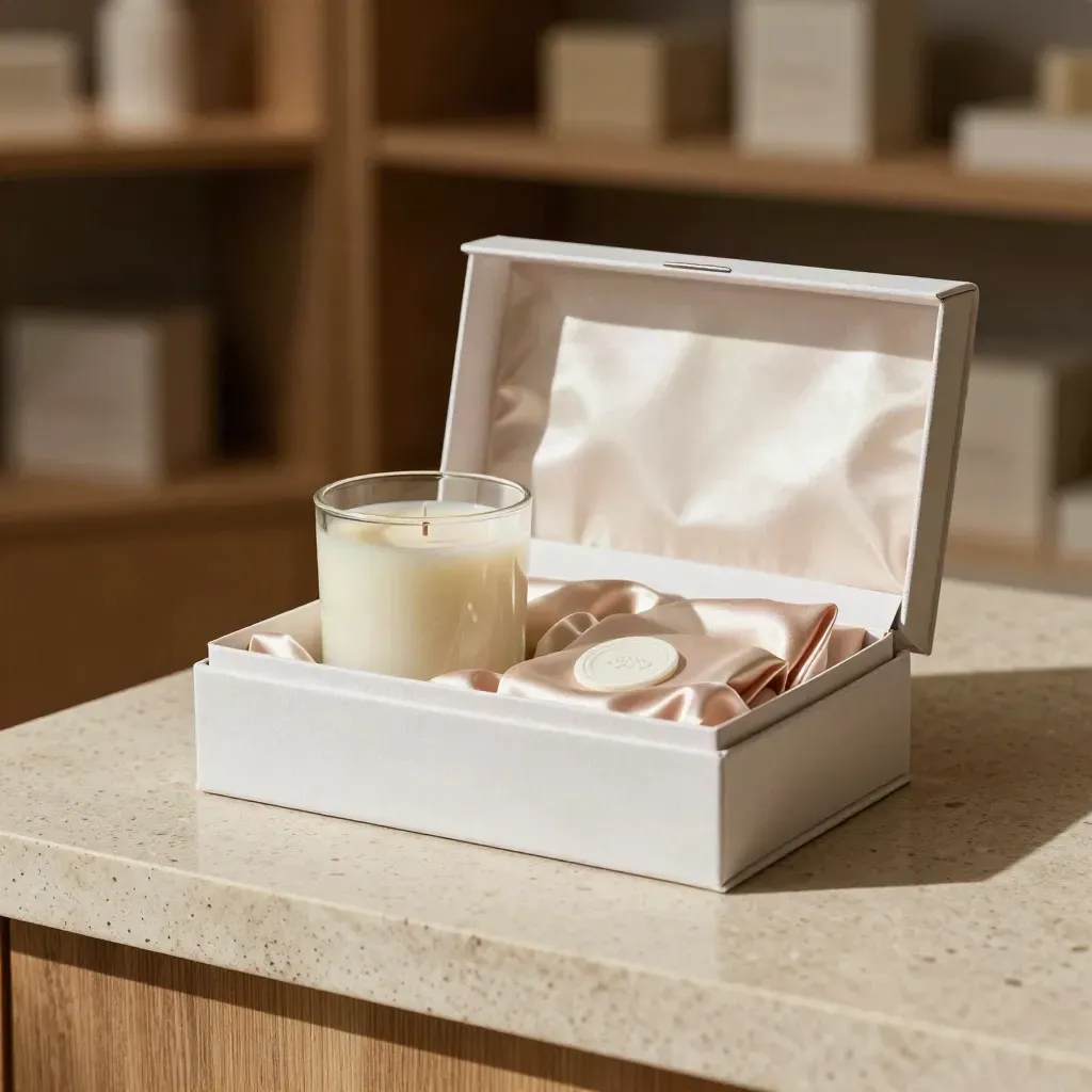 Boîte rigide ouverte pour bougie, bocal fini, papier de soie rose poudré et sceau parfumé.