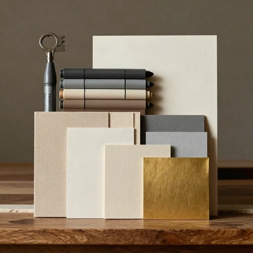 Nuancier vertical, feutres, cartes texture et formes géométriques sur fond de bois noyer.