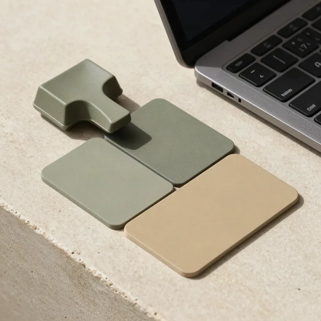 Cartes wireframe, tuiles arrondies et support de tablette sur fond sable.
