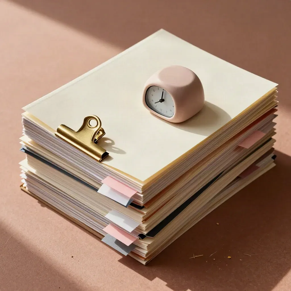 Dossiers crème, pinces laiton, minuteur en céramique et onglets rose poudré sur pierre chaude.