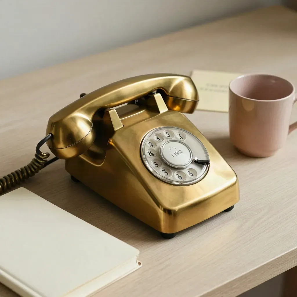 Téléphone en laiton, carnet crème et tasse en céramique sur bois pâle, avec carte floue derrière.