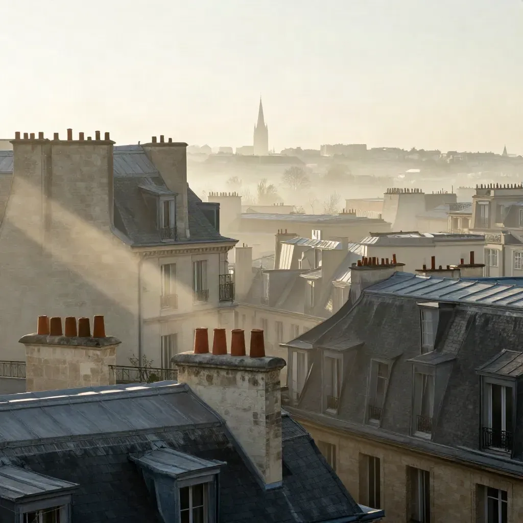 Vue aérienne de Paris au lever du jour, toits pâles et tour émergeant du brouillard.