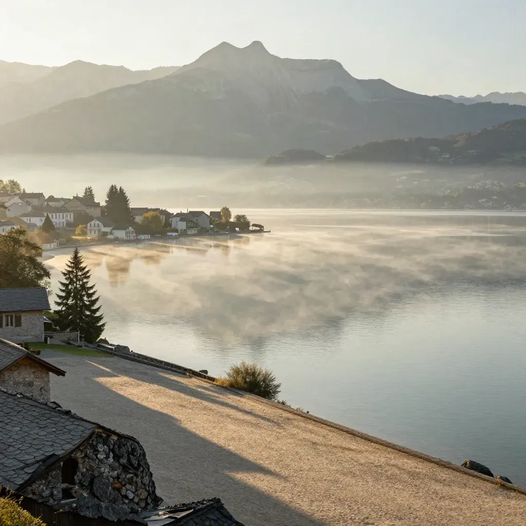 Vue aérienne du lac d’Annecy à l’aube, brume, crête alpine et villages pâles.