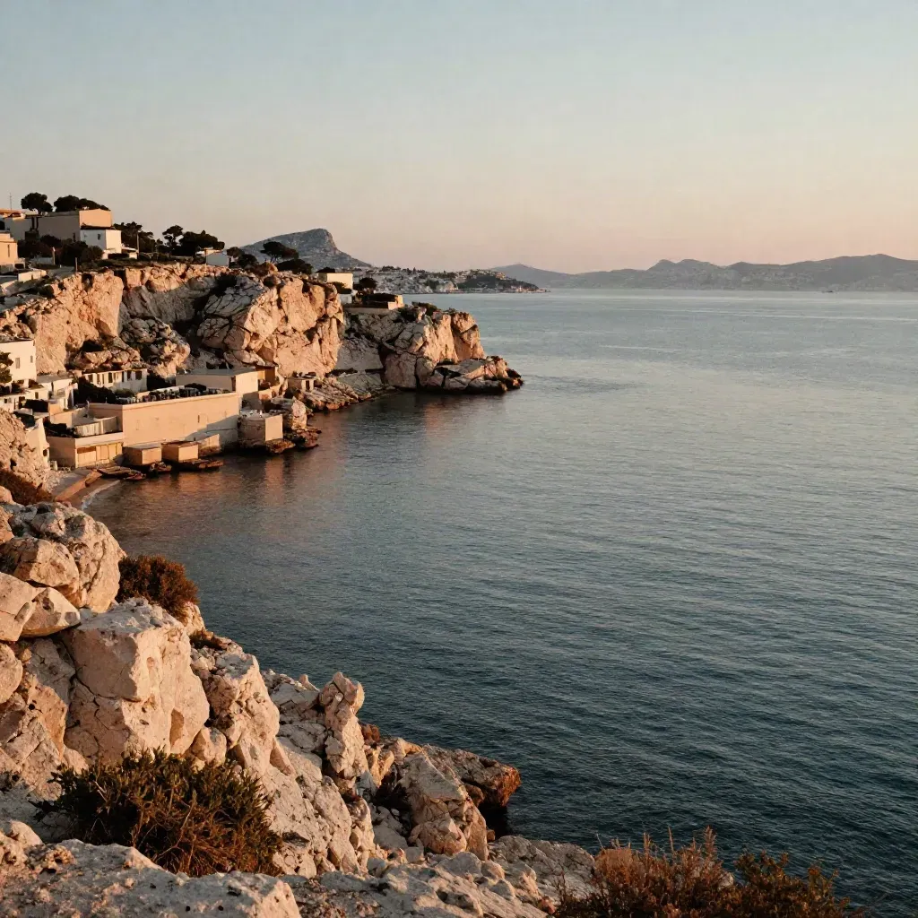 Vue dorée de la côte marseillaise, falaises calcaires, port en courbe et mer lumineuse.