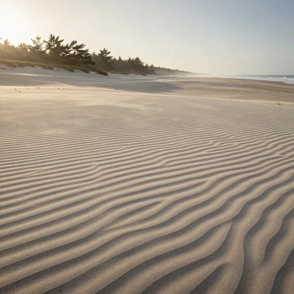 Dune atlantique lumineuse avec pins au loin et grande zone de sable calme.