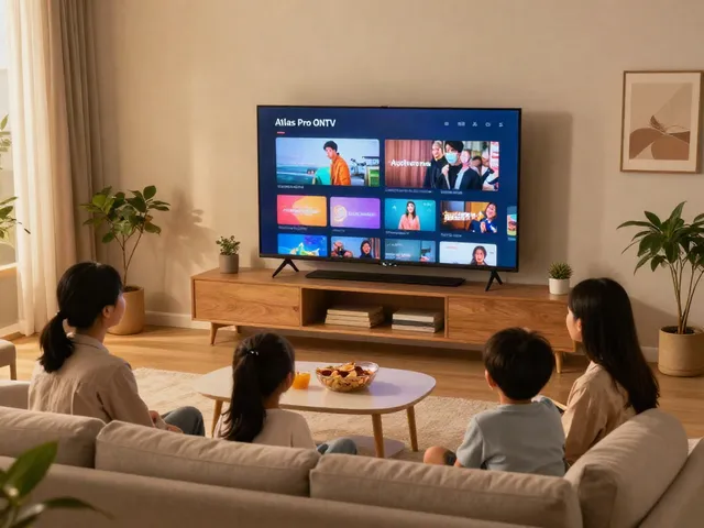 Famille profitant de l'application Atlas Pro sur une Smart TV dans un salon chaleureux.